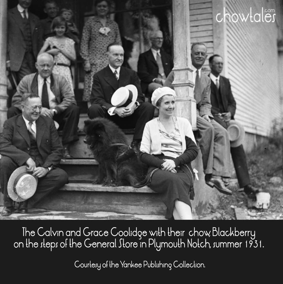 The Calvin and Grace Coolidge with their chow, Blackberry on the steps of the General Store in Plymouth Notch, summer 1931. Courtesy of the Yankee Publishing Collection.