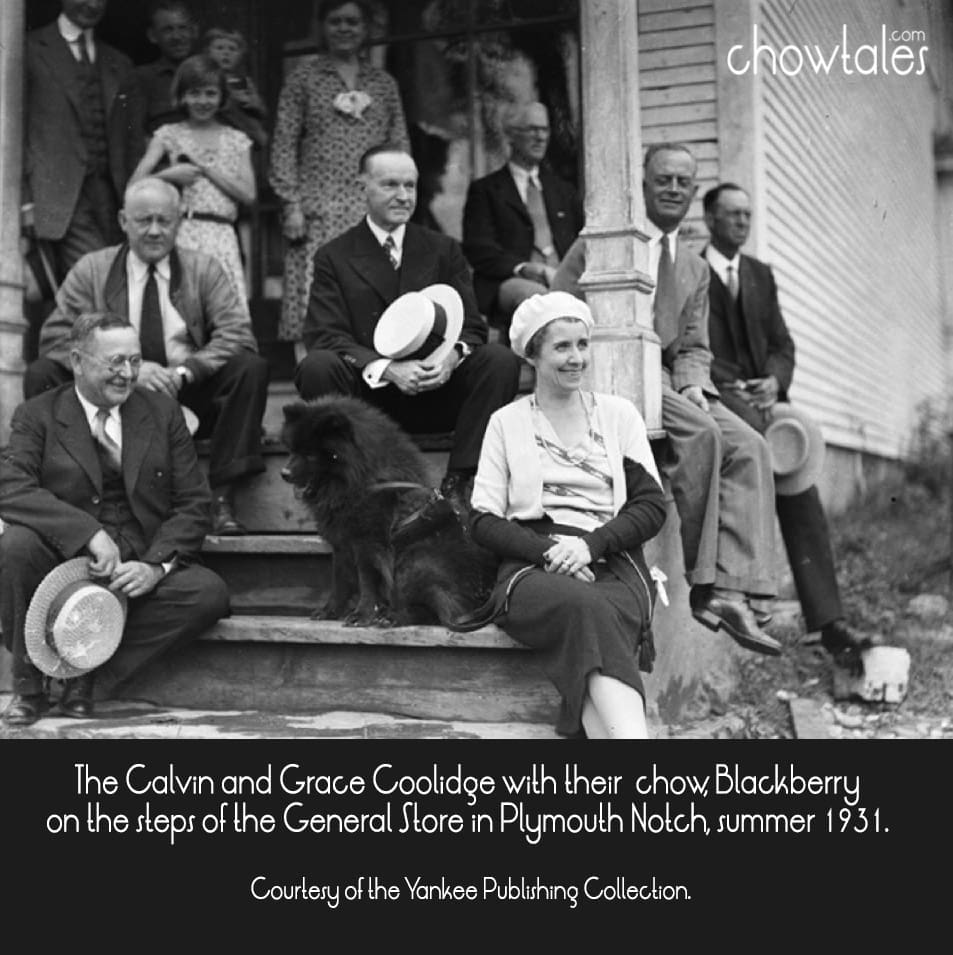 The Calvin and Grace Coolidge with their chow, Blackberry on the steps of the General Store in Plymouth Notch, summer 1931. Courtesy of the Yankee Publishing Collection.