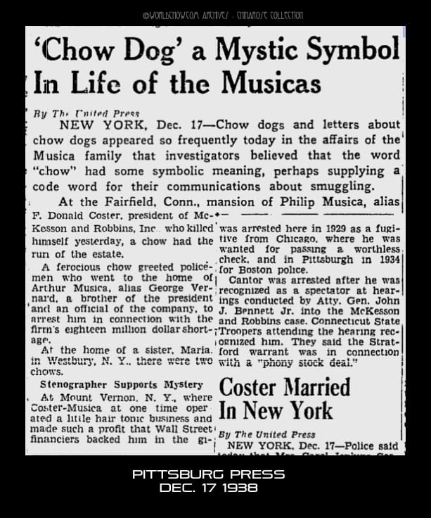 PITTSBURG PRESS DEC. 17 1938 COSTER MUSICA CHOW DOG NAME USED IN LETTERS