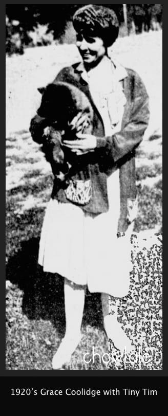 Grace coolidge holding Tiny tim as a puppy