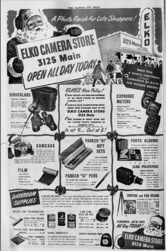 1946 ADVERTISEMENT FOR ELKO CAMERA STORE IN THE KANSAS CITY STAR NEWSPAPER