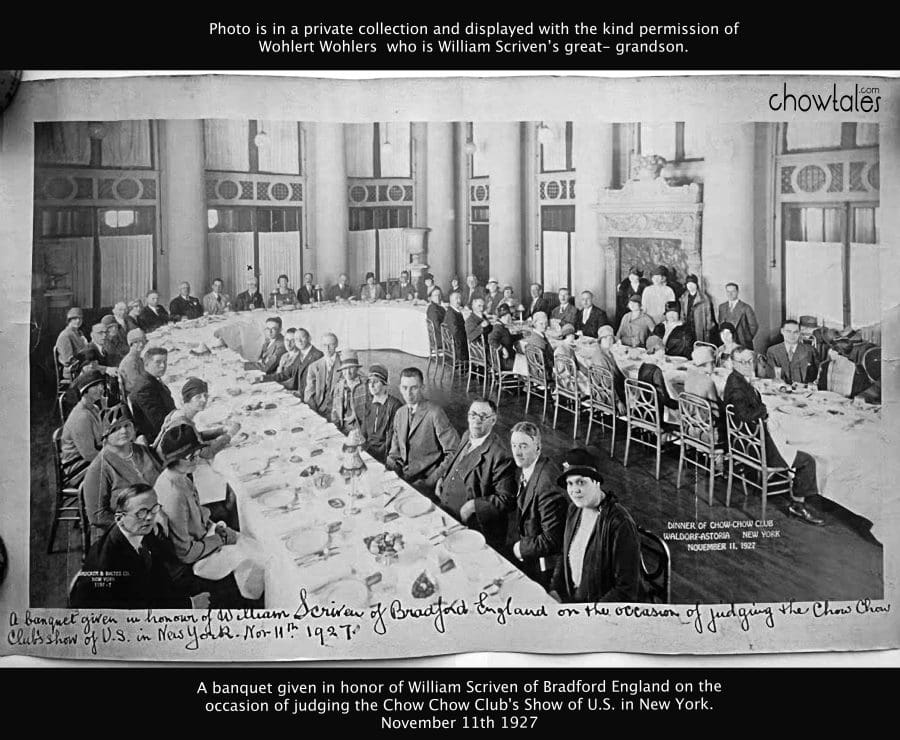 A banquet given in honor of William Scriven of Bradford England on the occasion of judging the Chow Chow Club's Show of U.S. in New York. November 11th 1927