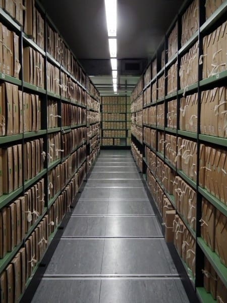 A_corridor_of_files_at_The_National_Archives