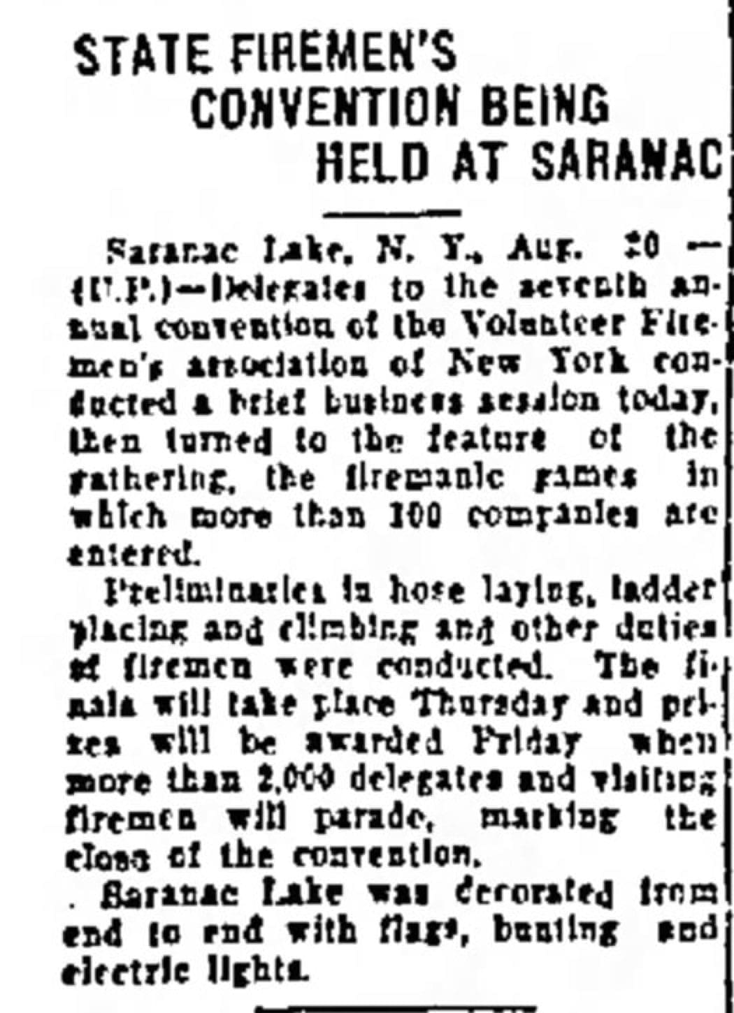 1929 article Saranac Lake NY firemans' convention